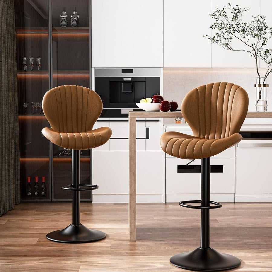 Brown Fabric Bar Stools Set of 2 Swivel Wooden Metal Counter Chairs