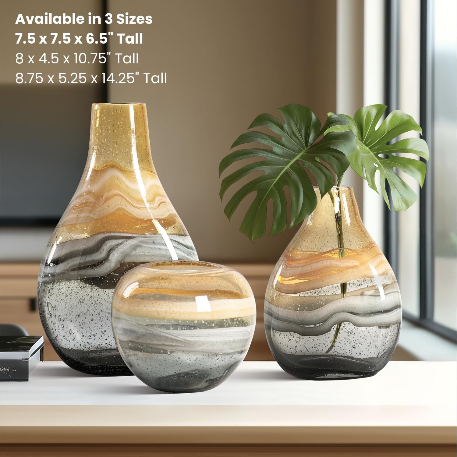 Handmade Amber Swirl Glass Sphere Vase Coastal Modern Home Centerpiece