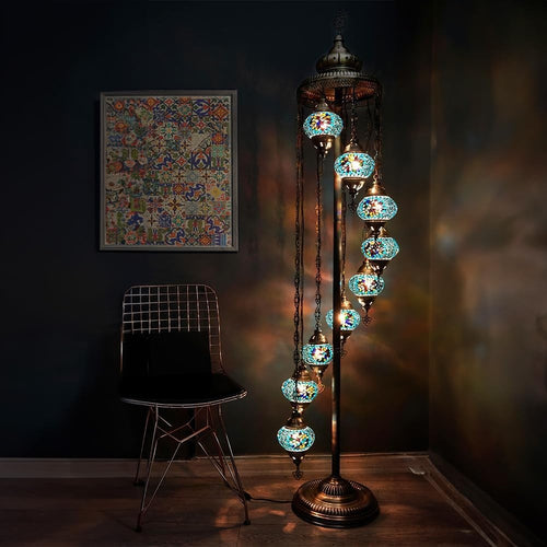 Turkish Mosaic Floor Lamp 9 Globe Standing Light Turquoise 70in Boho Decor