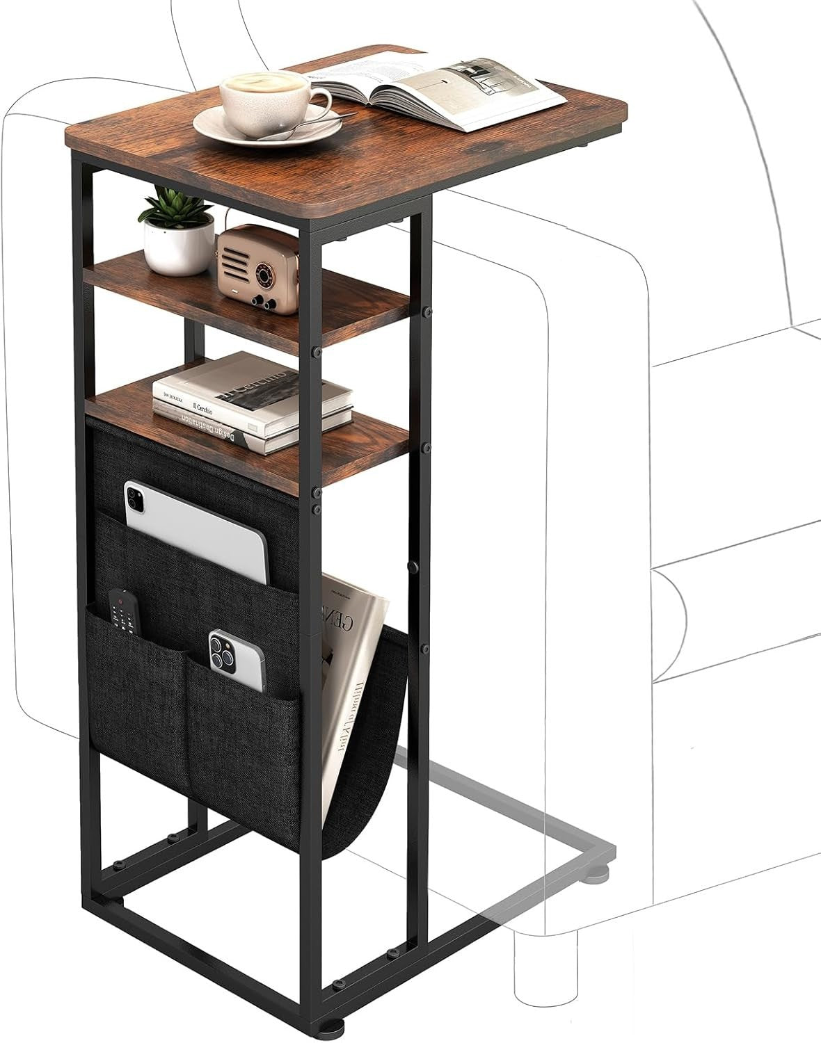 Retro Brown C-Shaped End Table 3-Tier Storage Slim Sofa Side Table Durable