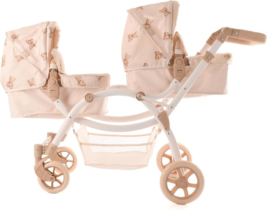 Twin Dolls Pram Adjustable Handle 50–88cm, 2 in 1 Carrycot Seats, Cream