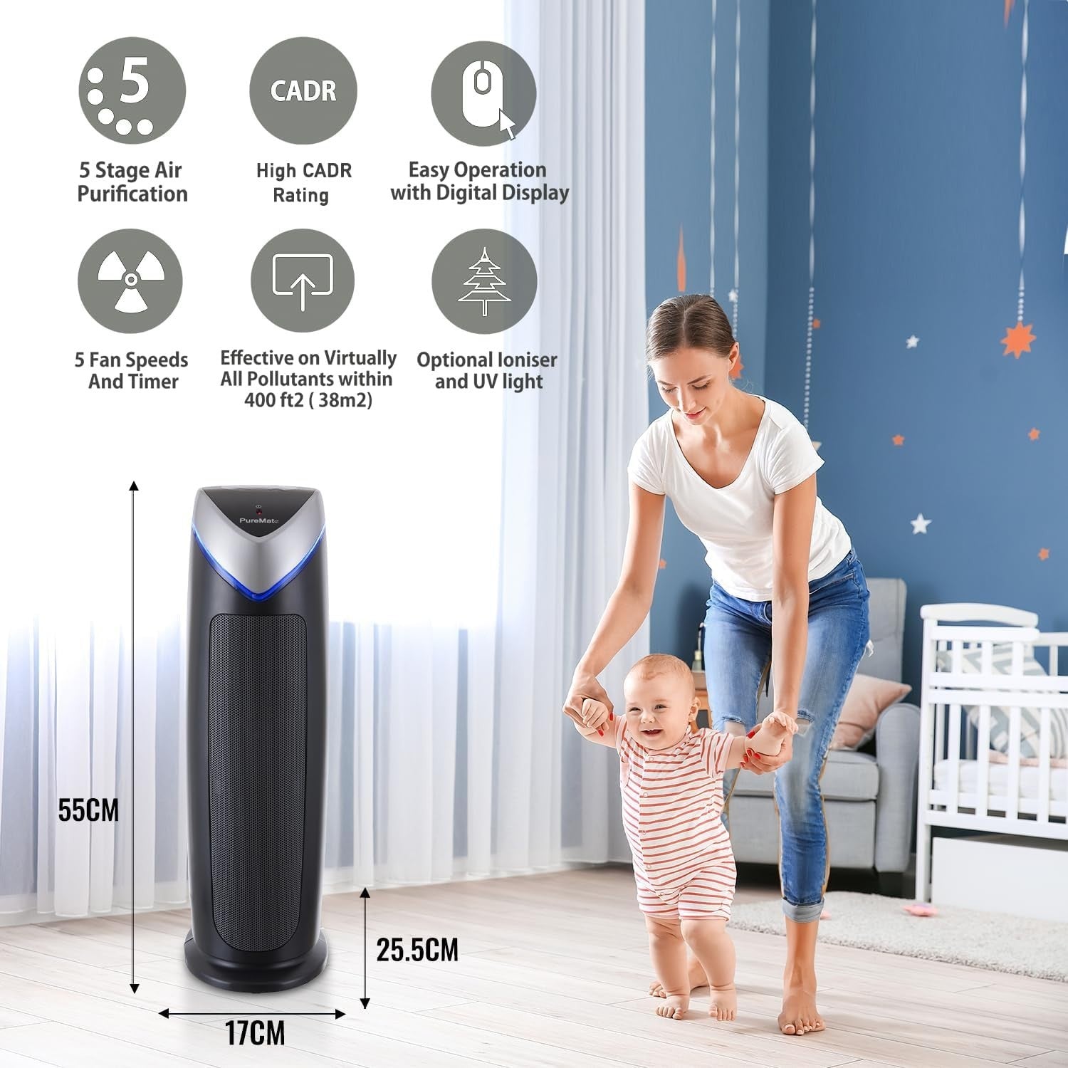 HEPA Air Purifier UV Ioniser Large Room Allergy Pet Smoke Filter