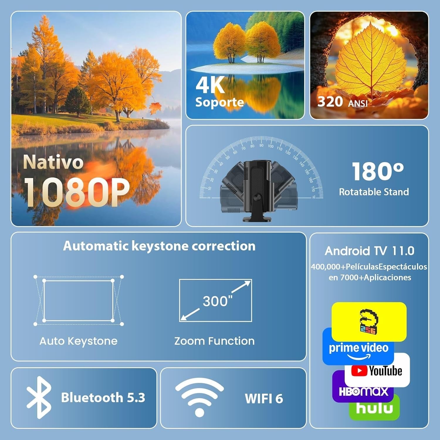 Smart 1080P Projector 4K WiFi Bluetooth Netflix YouTube 320 ANSI
