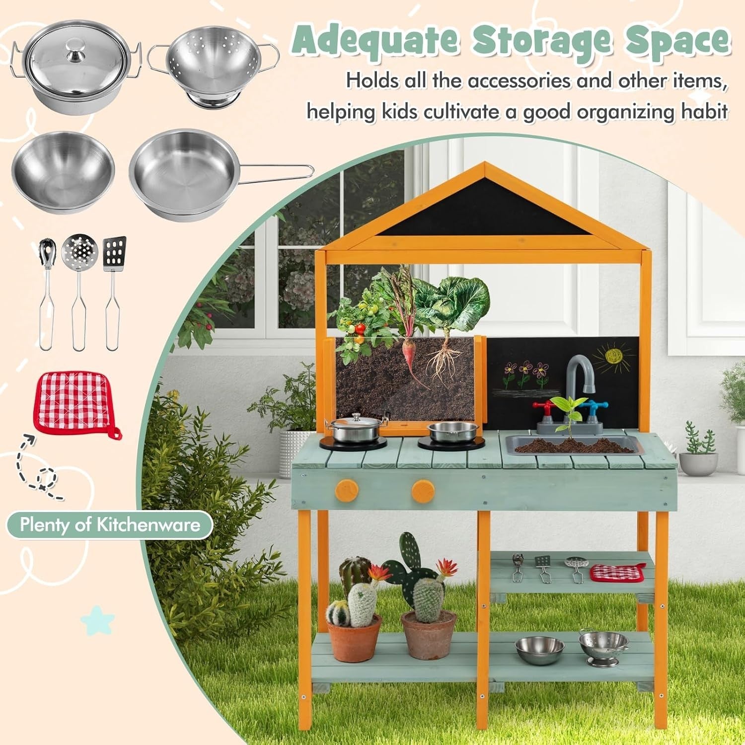 Outdoor Mud Kitchen Kids Playset w/ Planter Sink Chalkboard Set