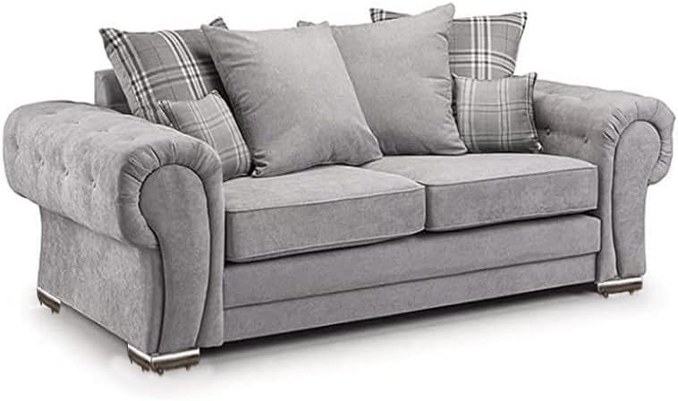 Grey 3 Seater Chesterfield Sofa Tufted UK Upholstered Living Room Couch