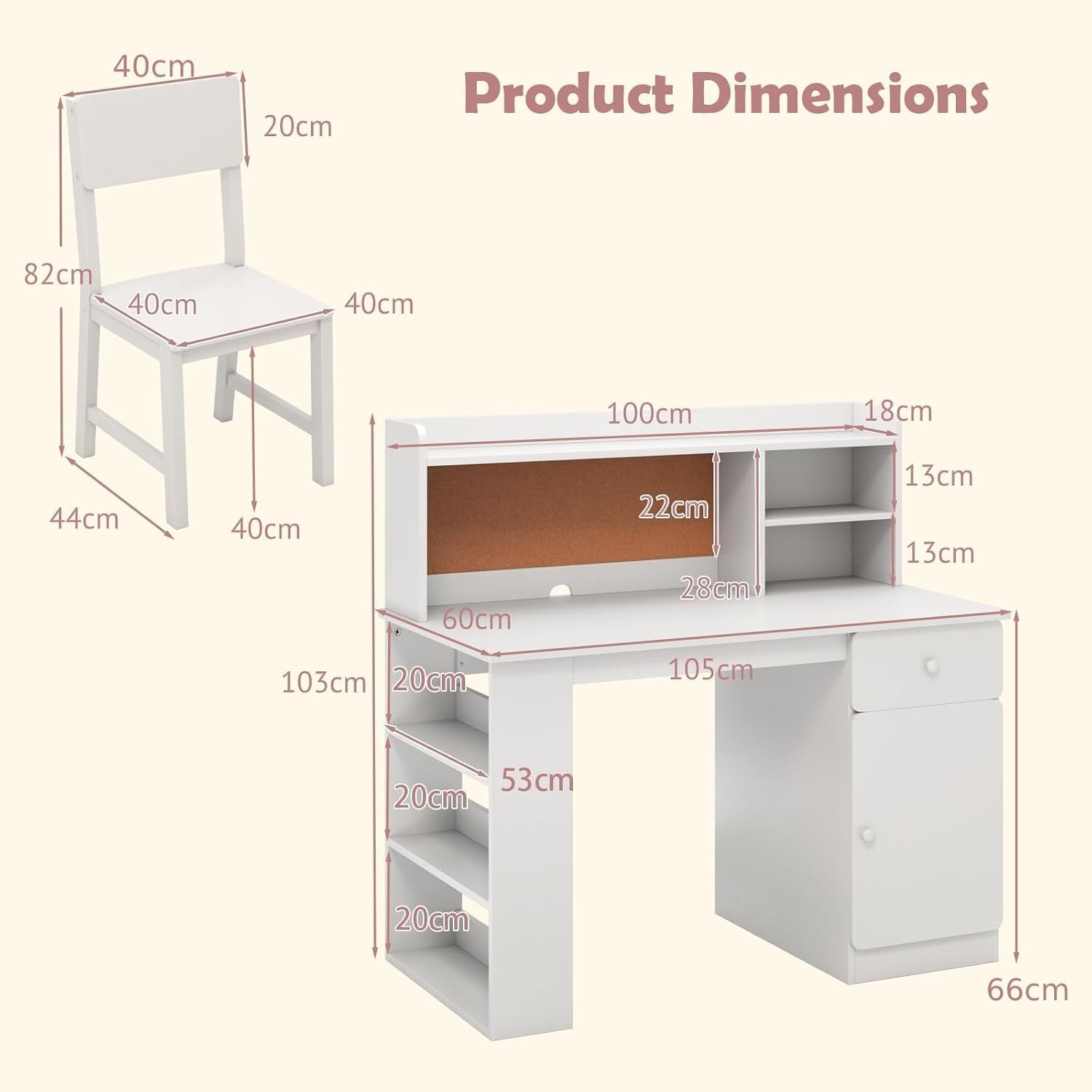 Kids Study Desk & Chair Set w/ Storage, Shelves & Cork Board White