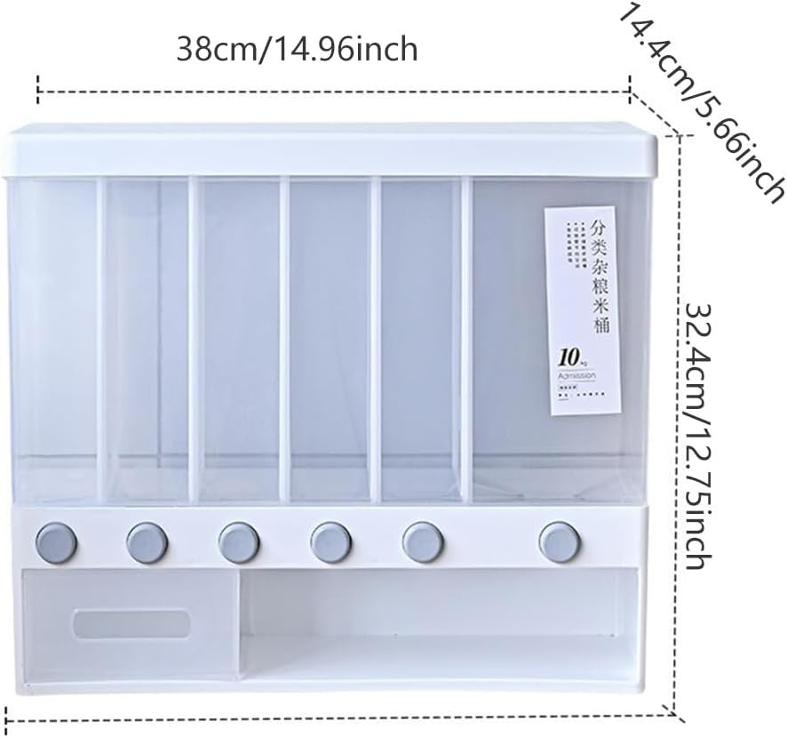 6 in 1 Wall Mounted Rice Dispenser 10KG Airtight Grain Storage Bin