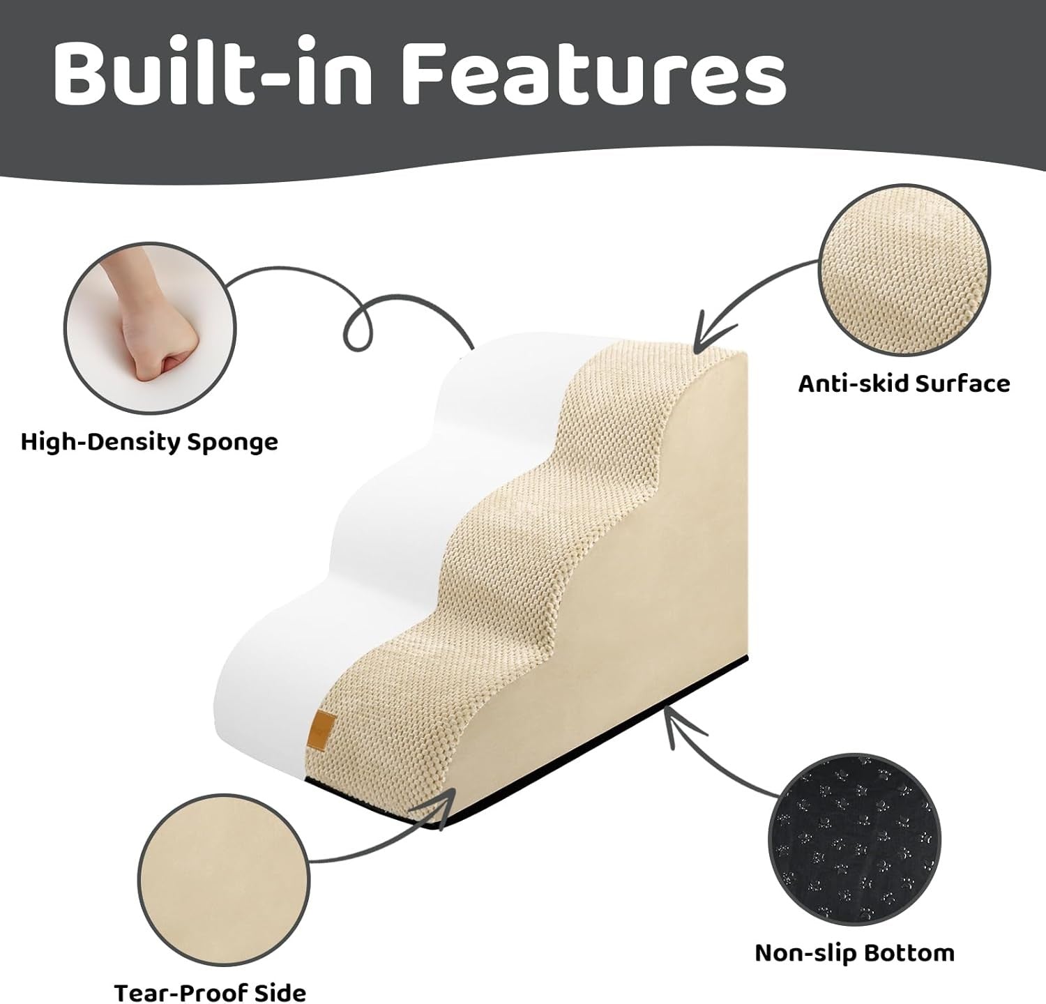 Dog Steps for Bed 3Step Non-Slip Pet Stairs Ladder Foam Ramp with Plush