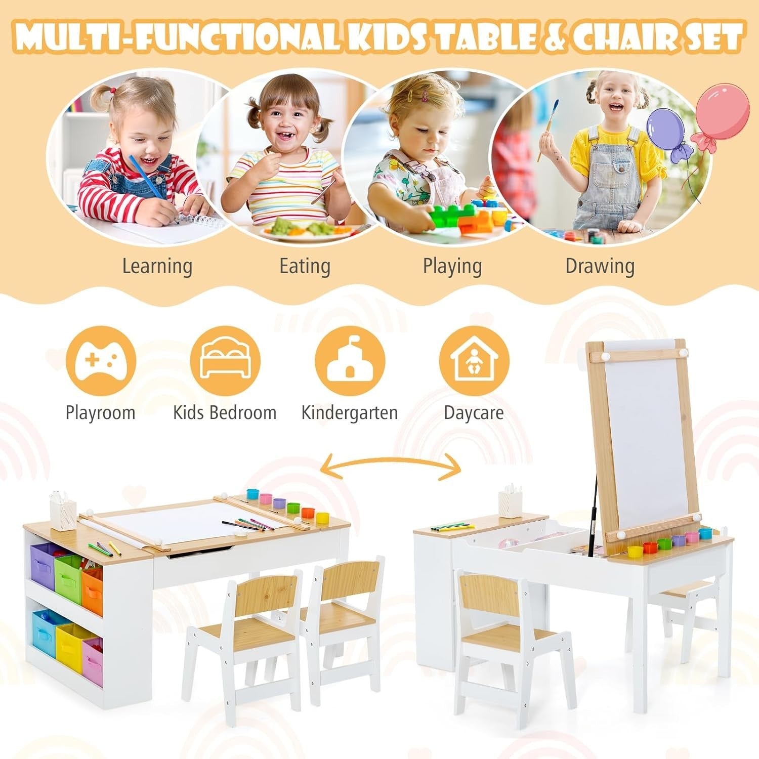 Kids Art Table & Chairs Set with Storage, Paper Roll & 6 Paint Cups 109cm