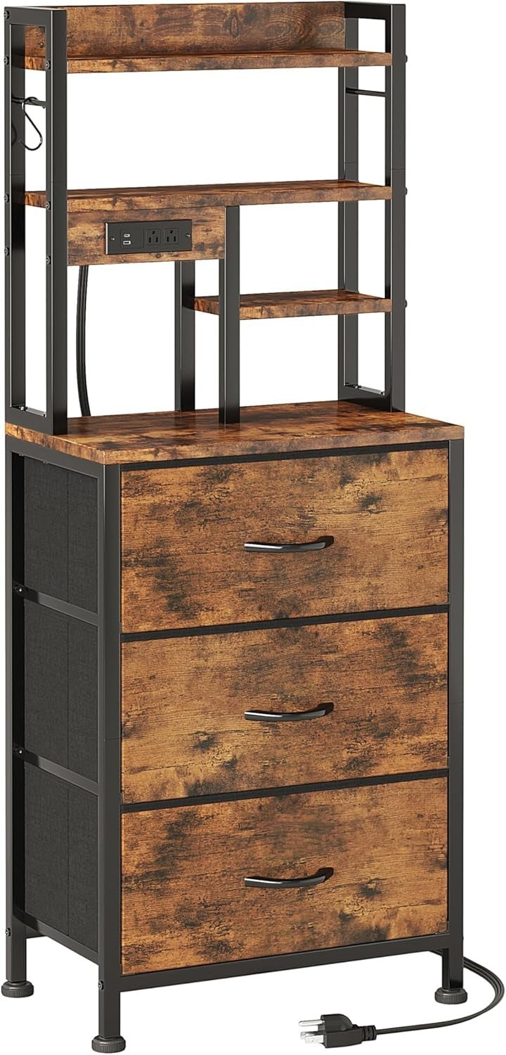 Rustic Brown Tall Bedside Table with LED Lights & USB Ports | 3 Drawer