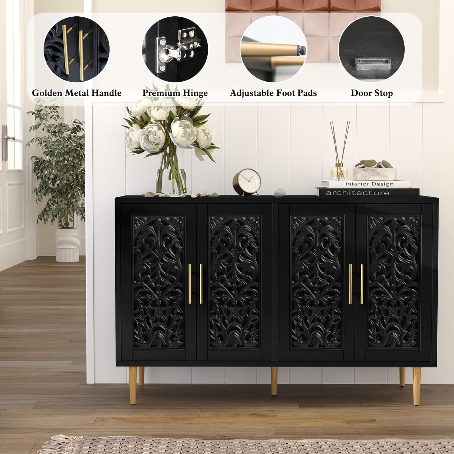 Vintage Black Sideboard Cabinet 4 Doors Hollow Carved Storage Buffet