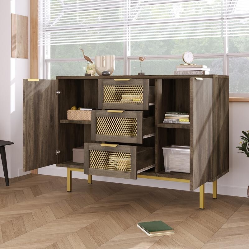 Dark Wood Rattan Sideboard Cabinet 3 Drawer 2 Door Storage Unit Hallway
