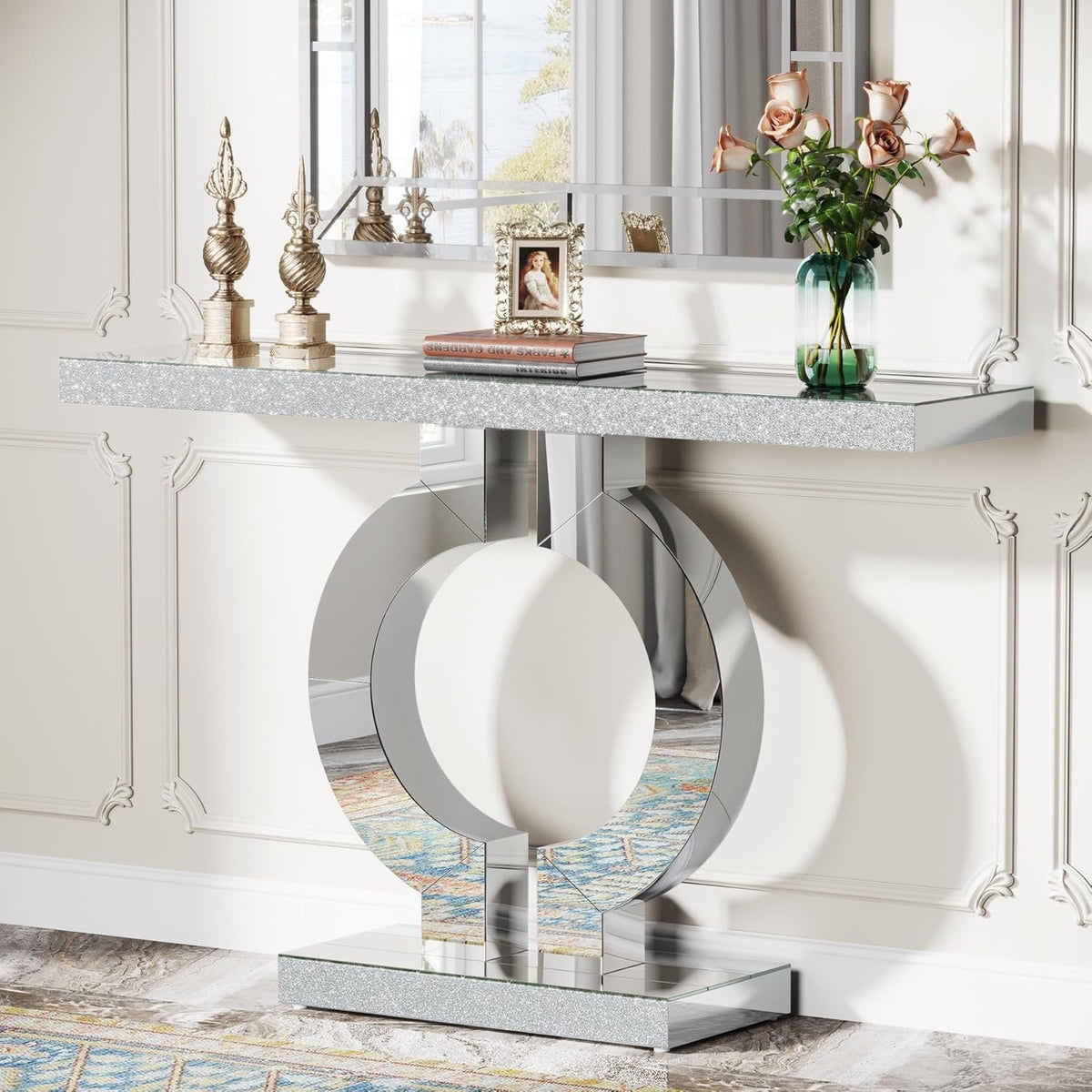 Mirror Console Table Glass Hallway Entryway Desk O-Shape Base 43” Elegant