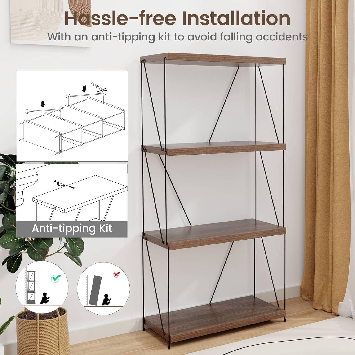 4-Tier Industrial Bookshelf Metal Frame Rustic Wood Storage Display Unit