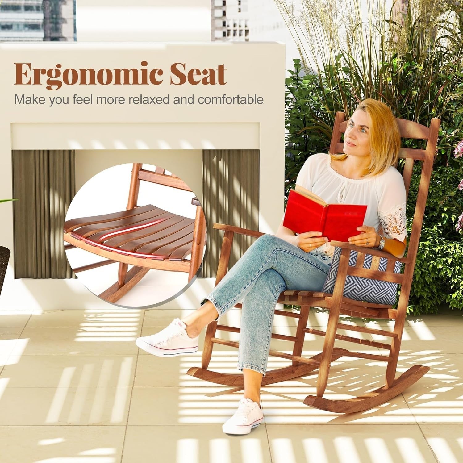 Outdoor Wooden Rocking Chair High-Back Ergonomic Patio Lounge Seat