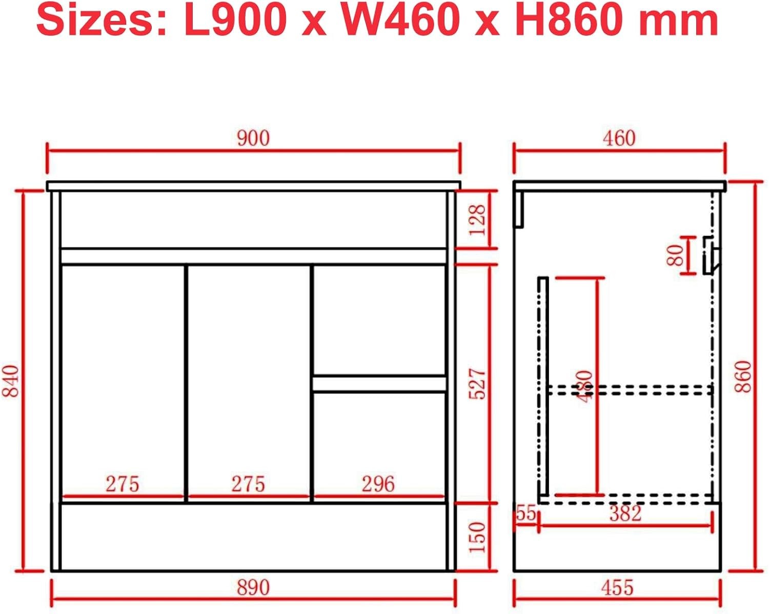 900mm White Bathroom Vanity Unit with Basin 2 Drawer Cupboard Storage Cabinet