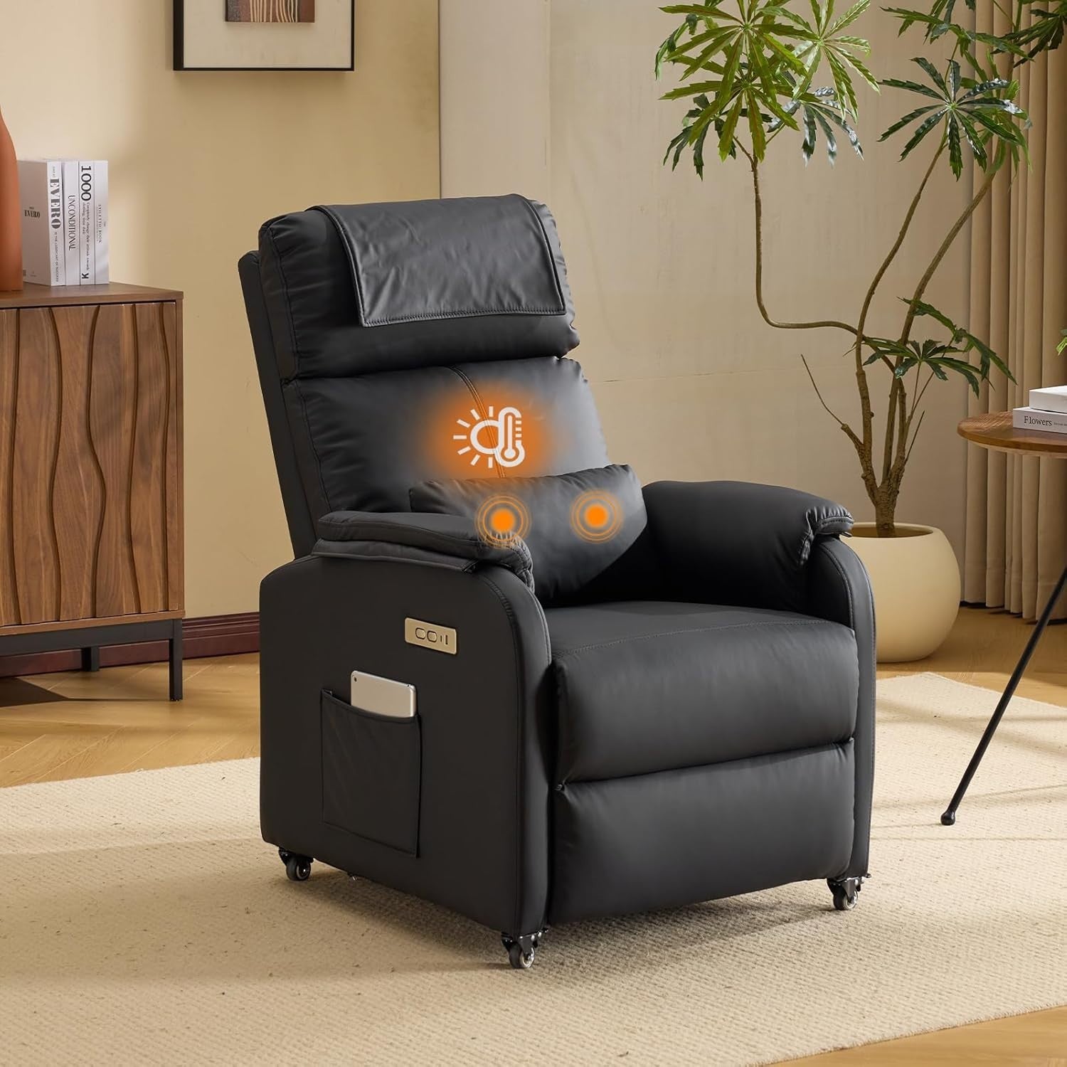 Electric Recliner Chair w/ Wheels Massage Heat High Back Footrest Leather Black