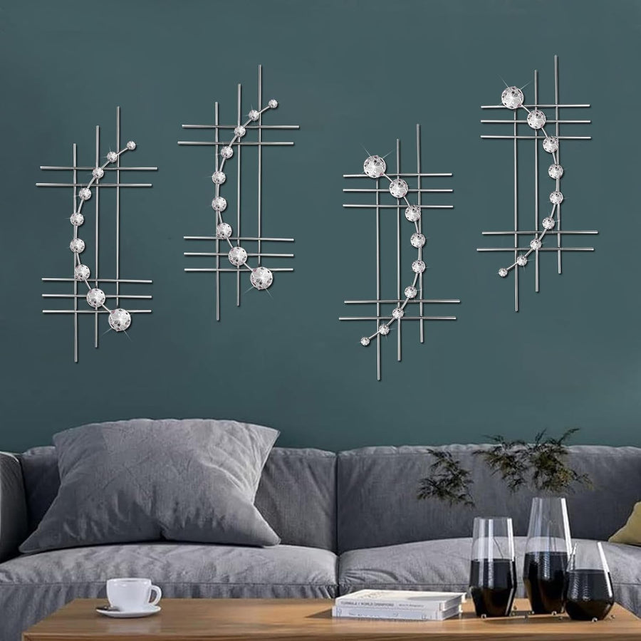 Silver Crystal Metal Wall Art Set of 4 24" Bling Decor