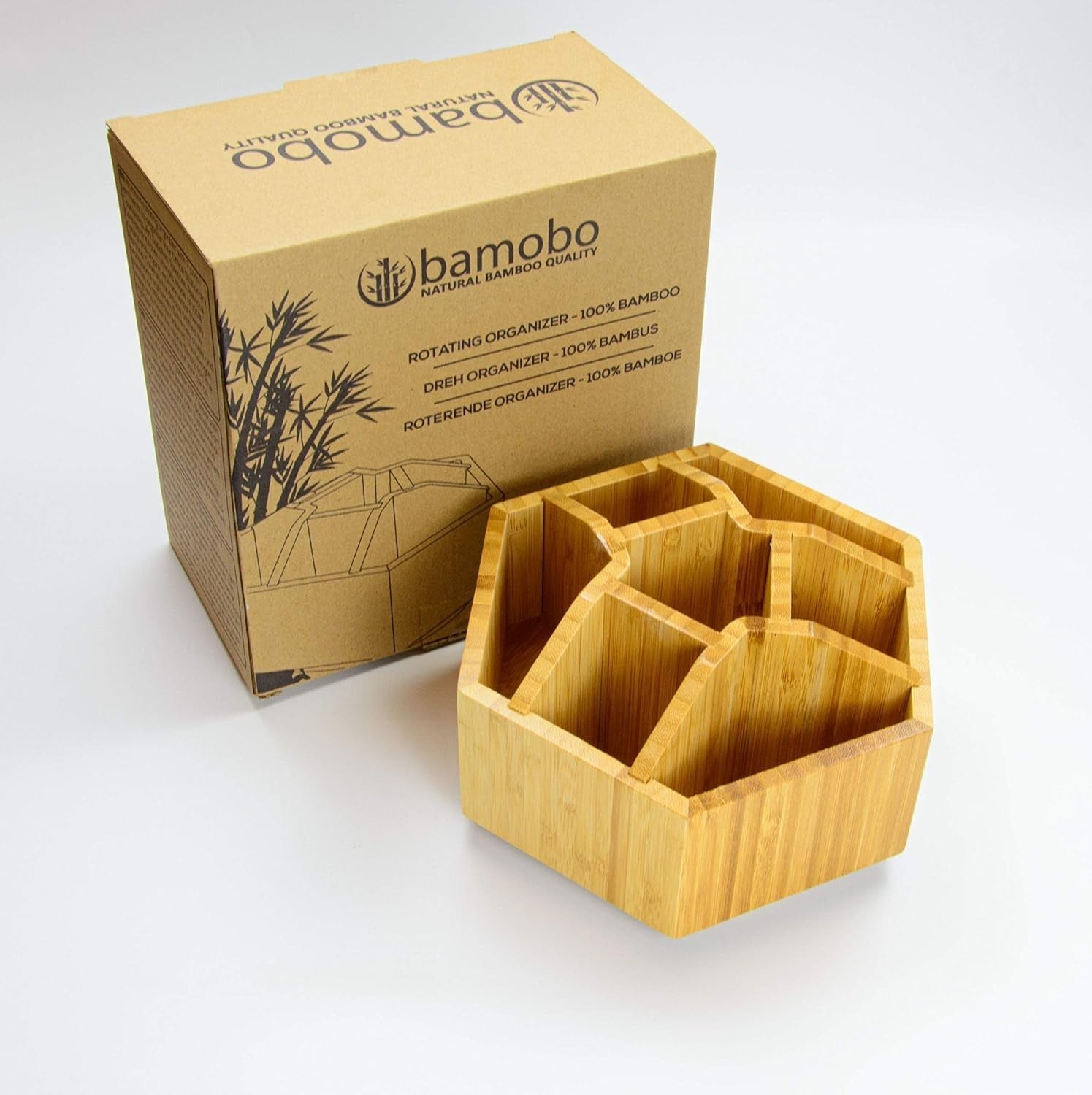 Rotating Bamboo Desk Organiser – 7 Compartment Cosmetic & Pen Holder