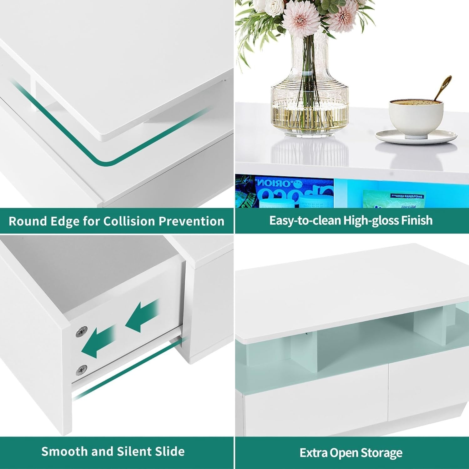 LED Coffee Table with Storage Drawers White Gloss 16-Color Light Modern