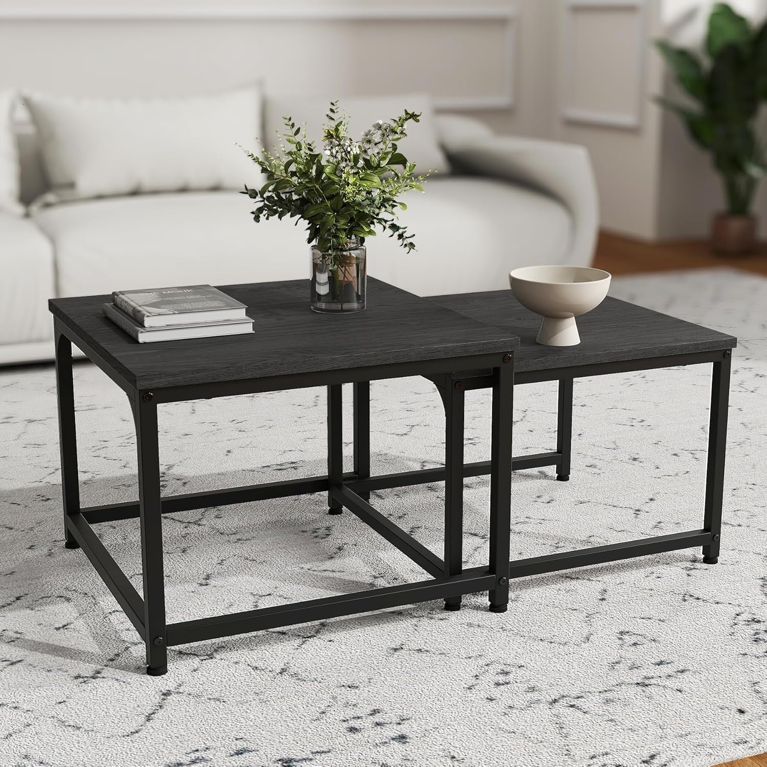 Square Nesting Coffee Tables Set of 2, Wood Grain Tops & Metal Frame, Space