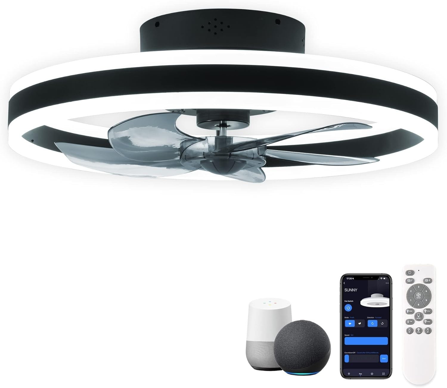 20" Smart Ceiling Fan Light, Alexa/Google, 6 Speeds, APP, Remote, Black