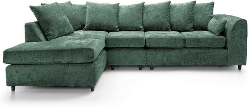 Large Green Chenille Corner Sofa – Modern L Shape 5 Seater Couch w/ Covers