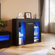 Black Gloss LED Sideboard Cabinet with Central Door & Shelves Modern TV Storage