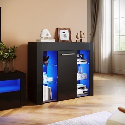 Black Gloss LED Sideboard Cabinet with Central Door & Shelves Modern TV Storage