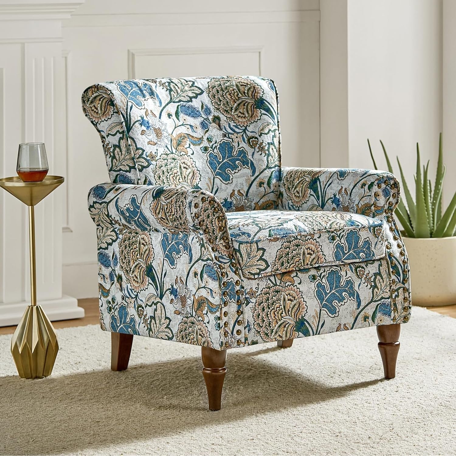Set of 2 Floral Wingback Armchairs Upholstered Lounge Chairs for Living