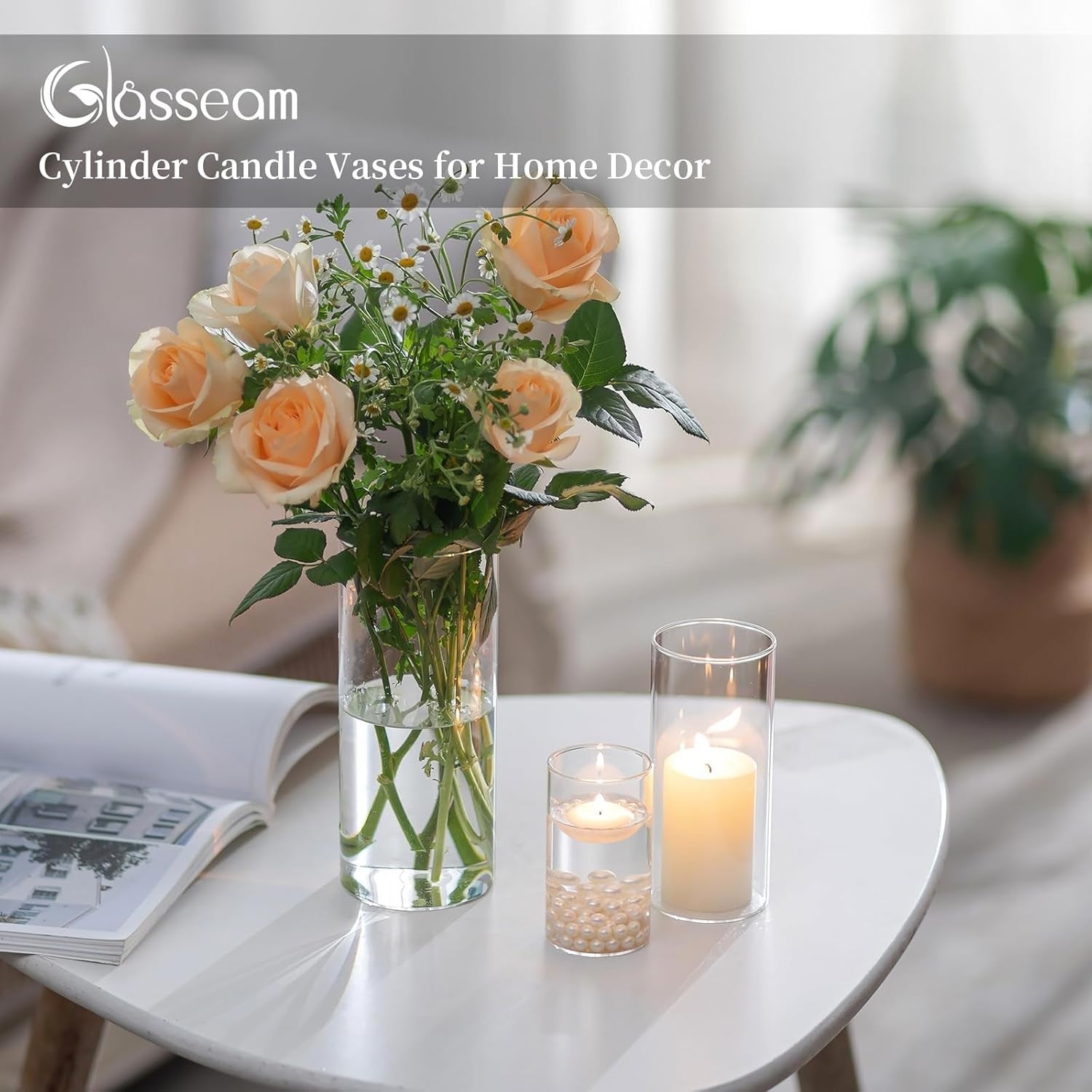 Glass Hurricane Candle Holders Set of 3 Clear Cylinder Wedding Table Decor