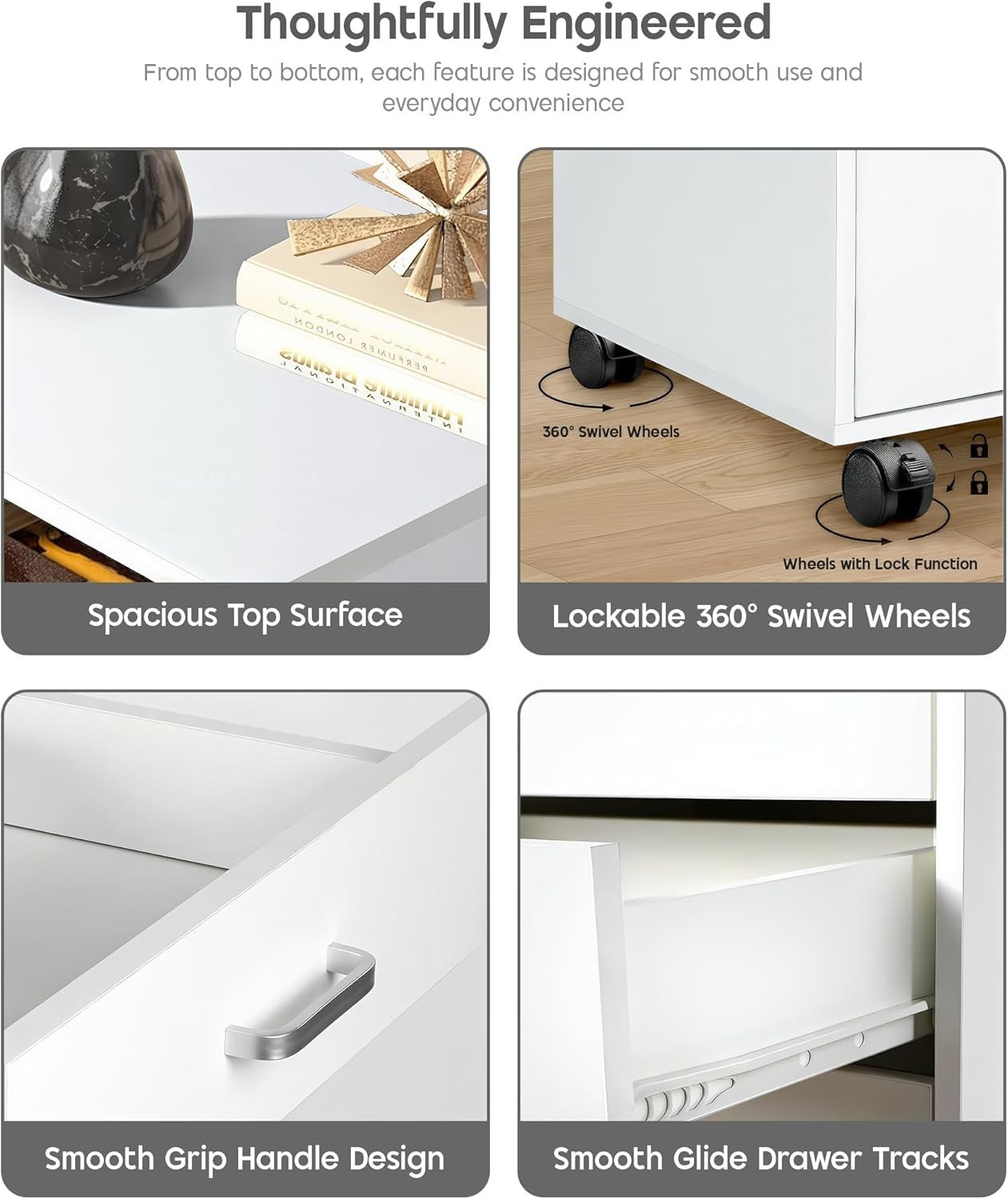 White Mobile Filing Cabinet 5 Drawer 75cm Rolling Office Storage