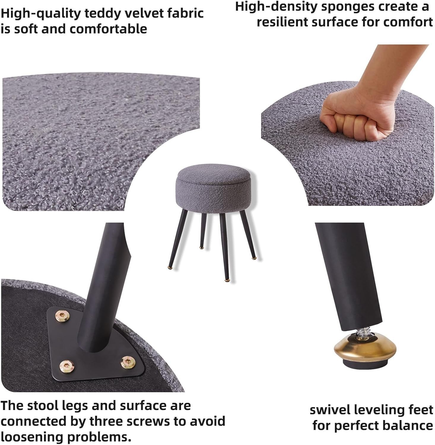 Grey Teddy Fur Vanity Stool with Storage – Round Ottoman Chair with Metal Legs