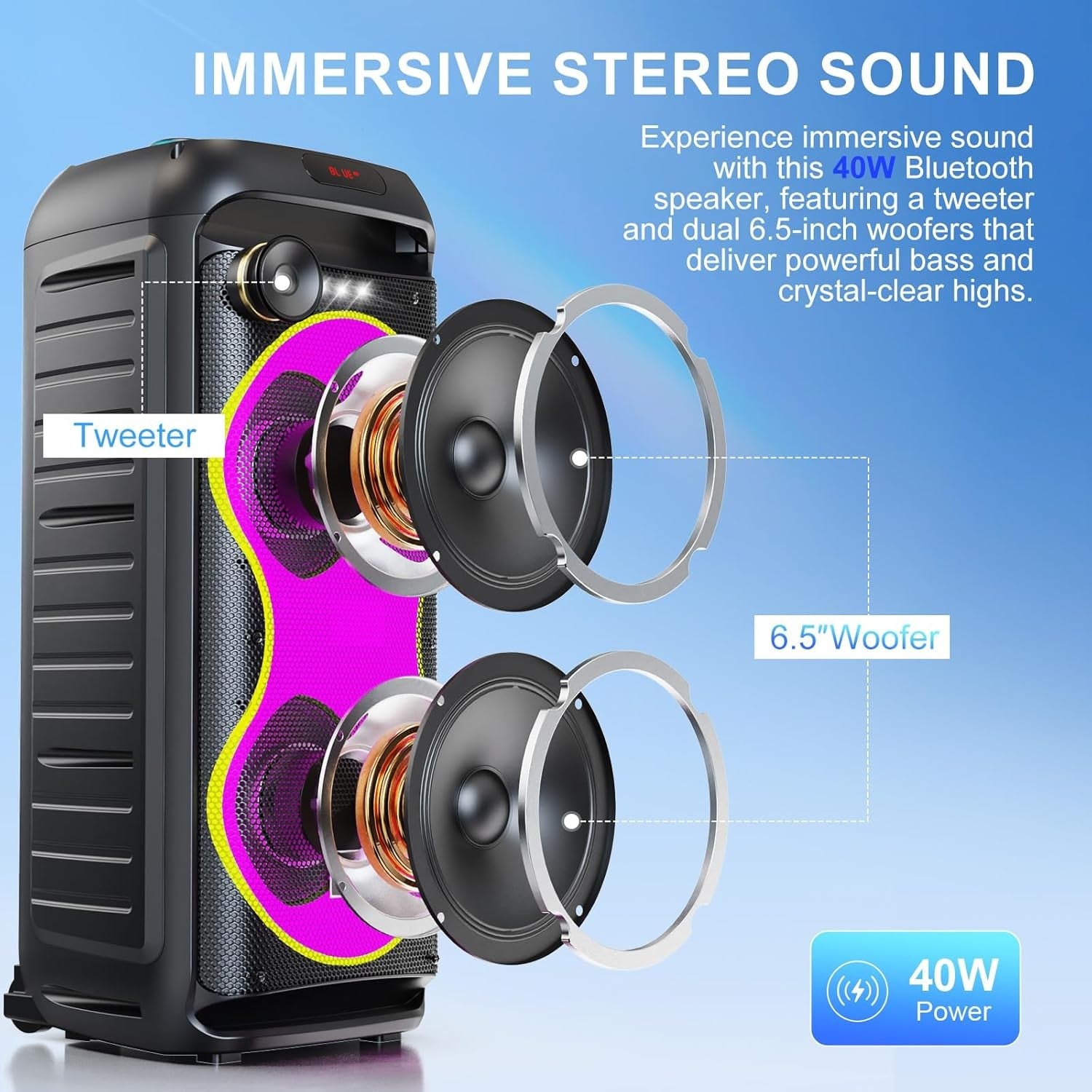 Bluetooth Karaoke Speaker 40W Dual Woofers 2 Mics