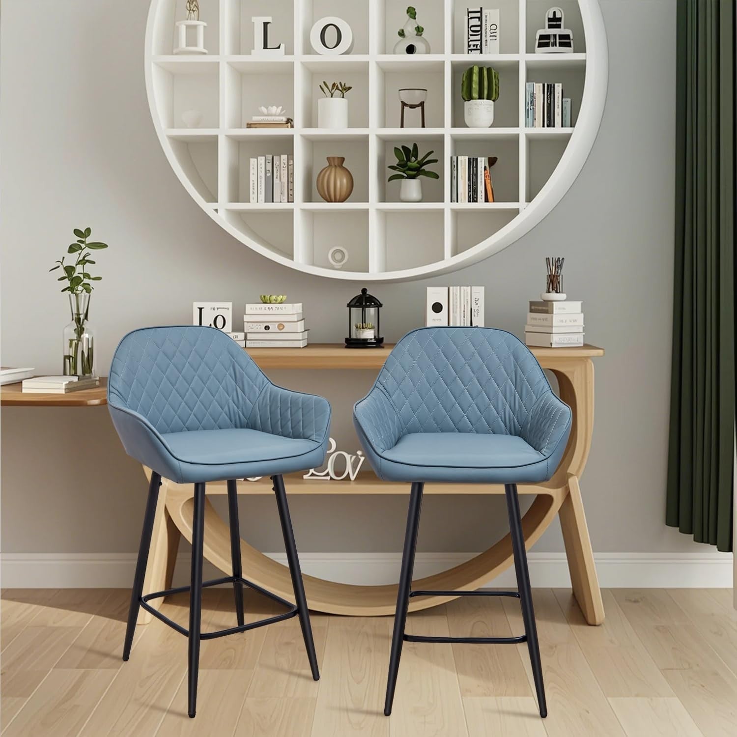 Blue Faux Leather Bar Stools Set of 2 | Modern Kitchen & Counter Chairs