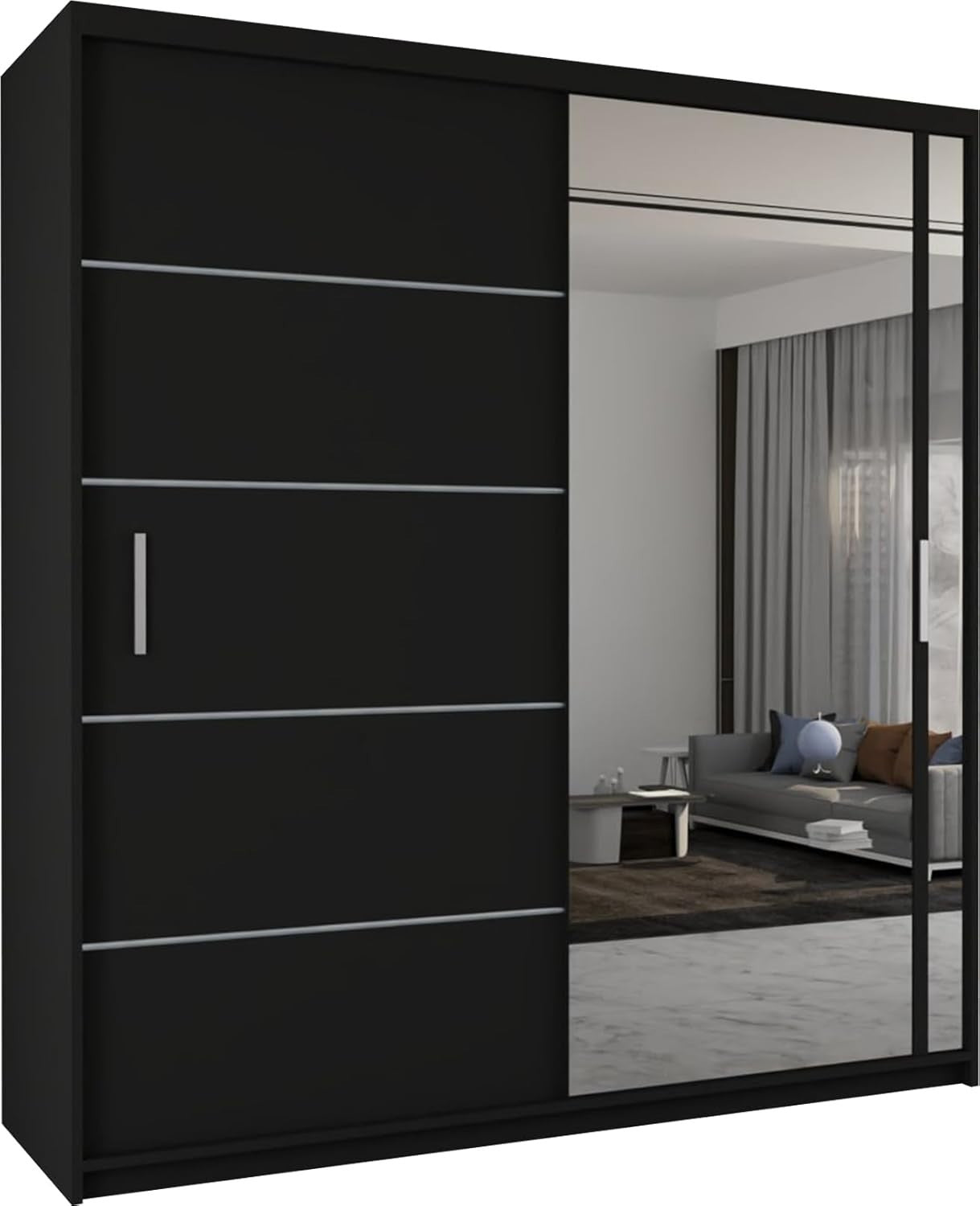 Black Sliding Mirror Wardrobe 203cm Modern Storage Unit Bedroom