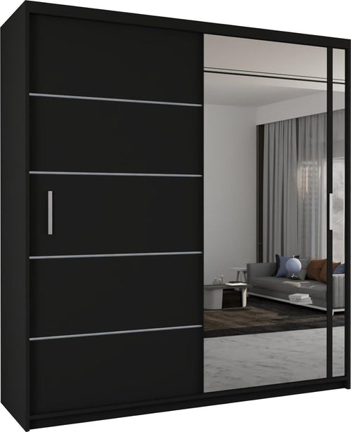 Black Sliding Mirror Wardrobe 203cm Modern Storage Unit Bedroom
