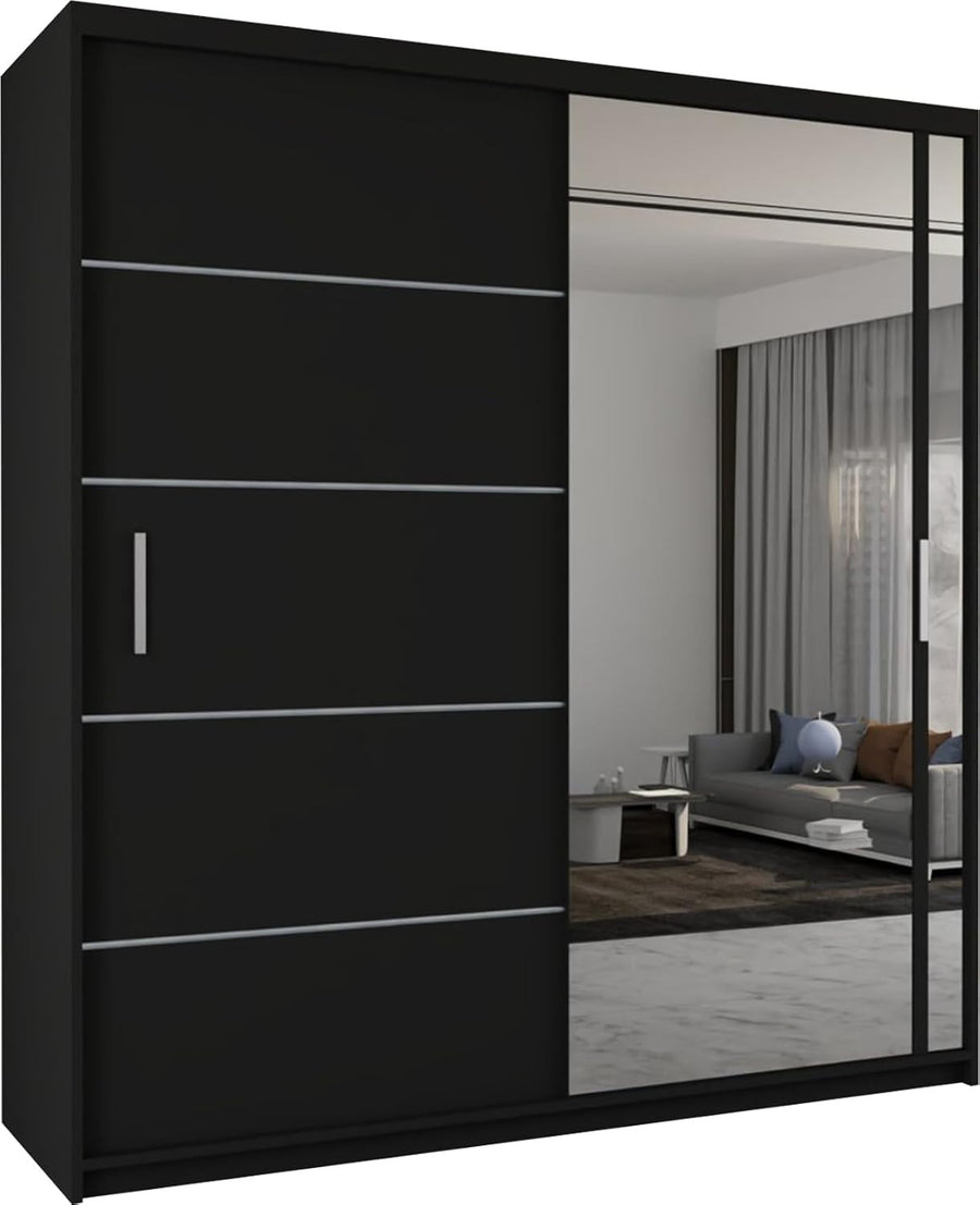 Black Sliding Mirror Wardrobe 203cm Modern Storage Unit Bedroom