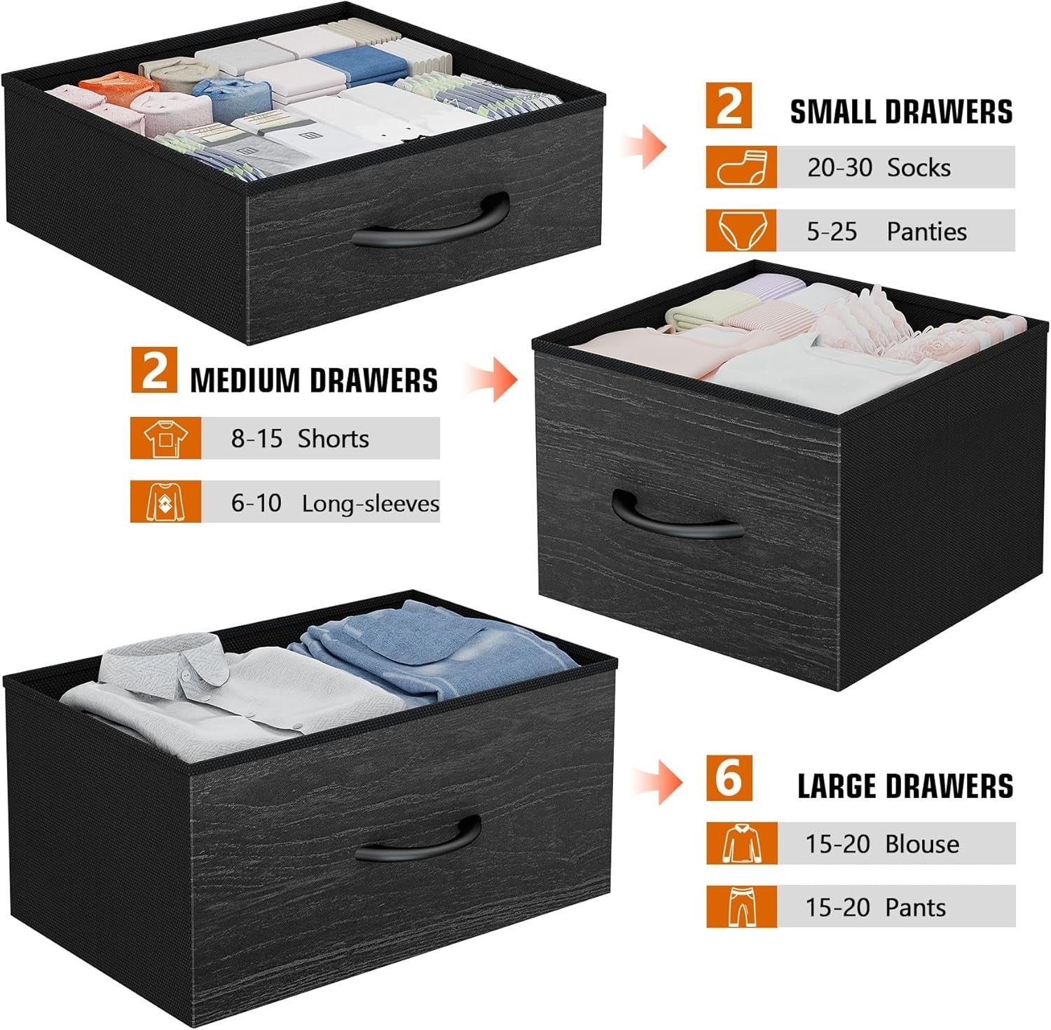 Black Wood Grain 10 Drawer Tall Chest with Fabric Drawers & Side Storage