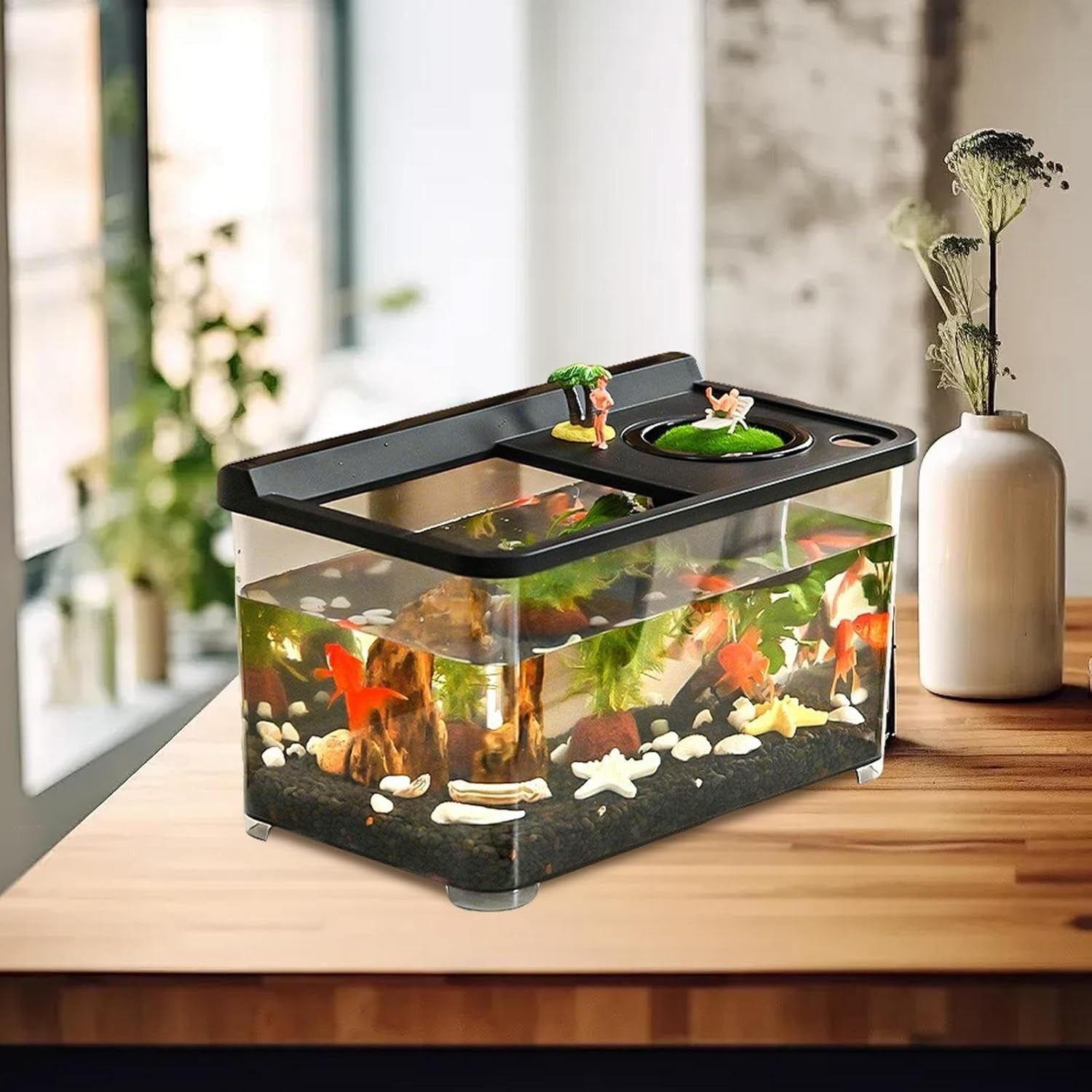 Small Fish Tank 3-Color LED Aquarium 360° Viewing Desk Living Room