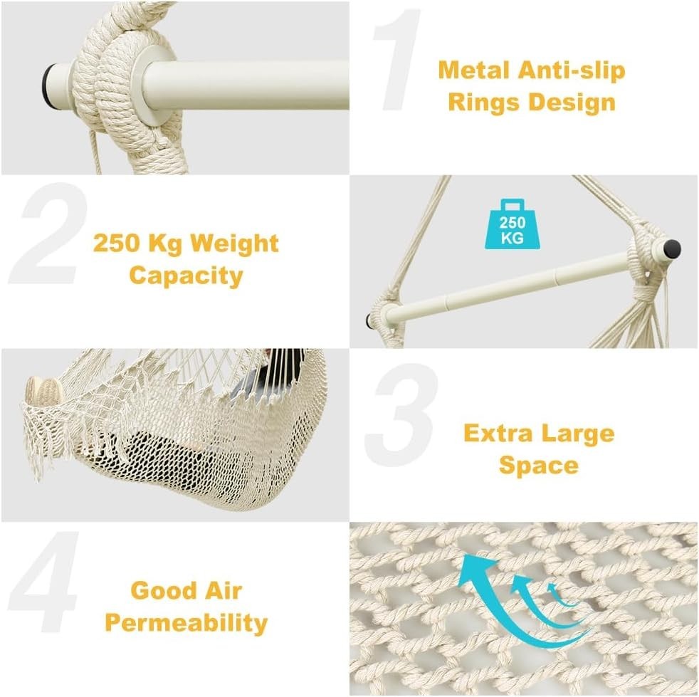 Beige Hammock Chair with Footrest & Cushions – Indoor Outdoor Swing Seat