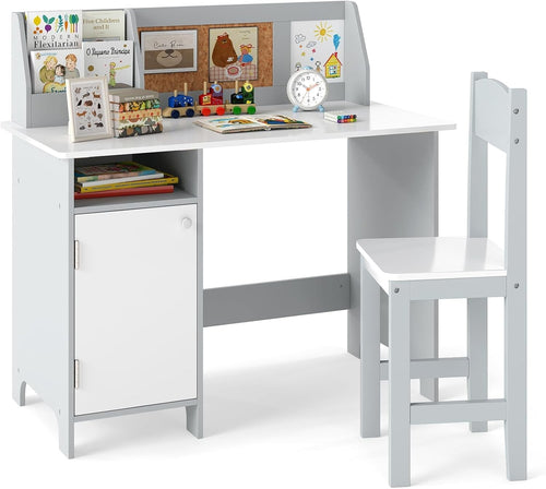 Kids Wooden Desk and Chair Set with Storage White Grey Study Table