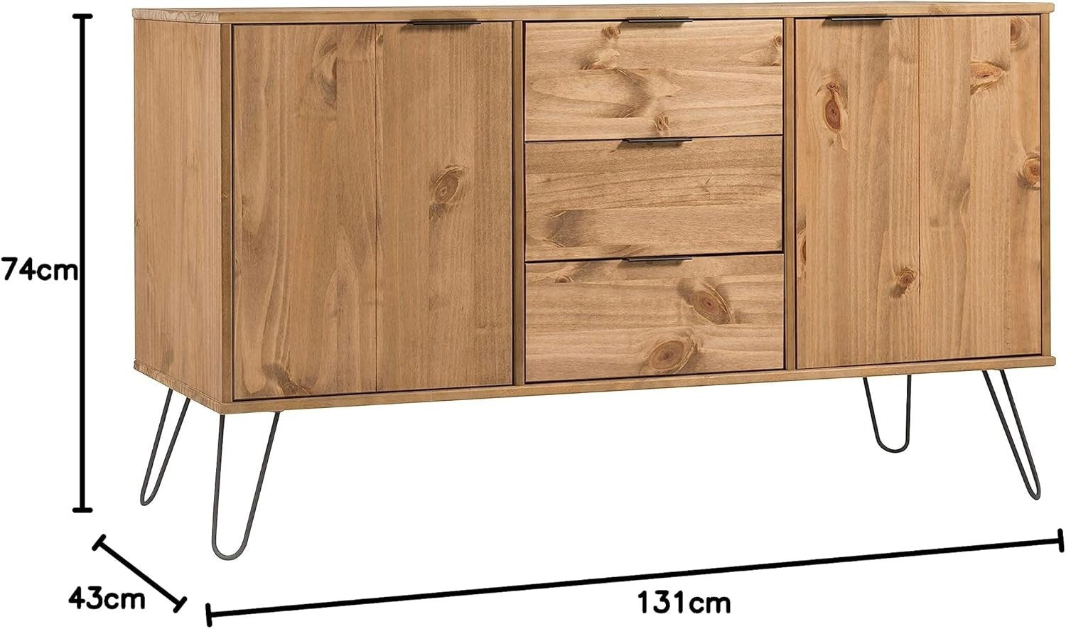 Industrial Sideboard Cabinet Pine 3 Drawers 2 Doors Metal Legs Storage