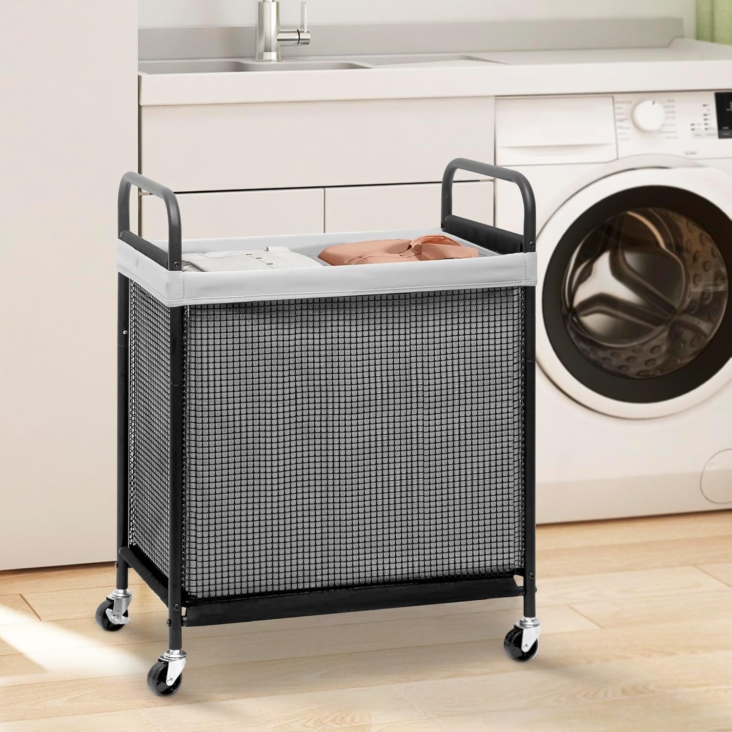 100L Rolling Laundry Hamper 2-Section | Removable Bags | Wheeled Laundry Cart Gr
