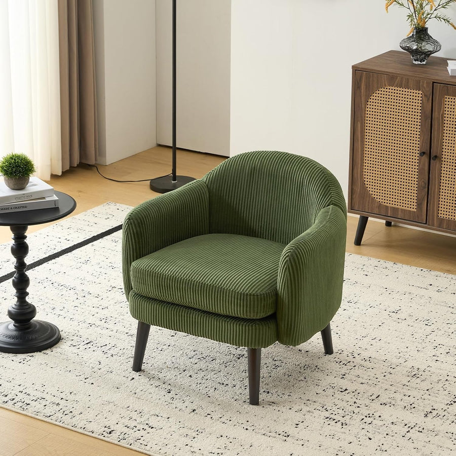 Modern Corduroy Armchair Wide Accent Chair Dark Green Wood Legs