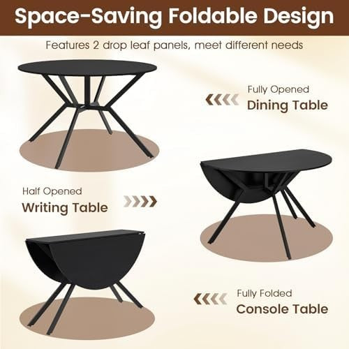 Folding Round Drop Leaf Dining Table 120cm Space Saving Extendable Black