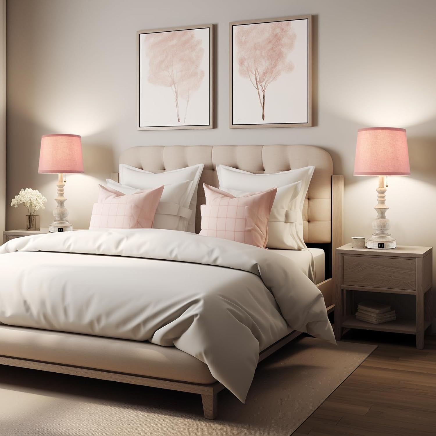 Pink Farmhouse Table Lamps Set of 2 with USB, 22" Tall, Perfect for Girls