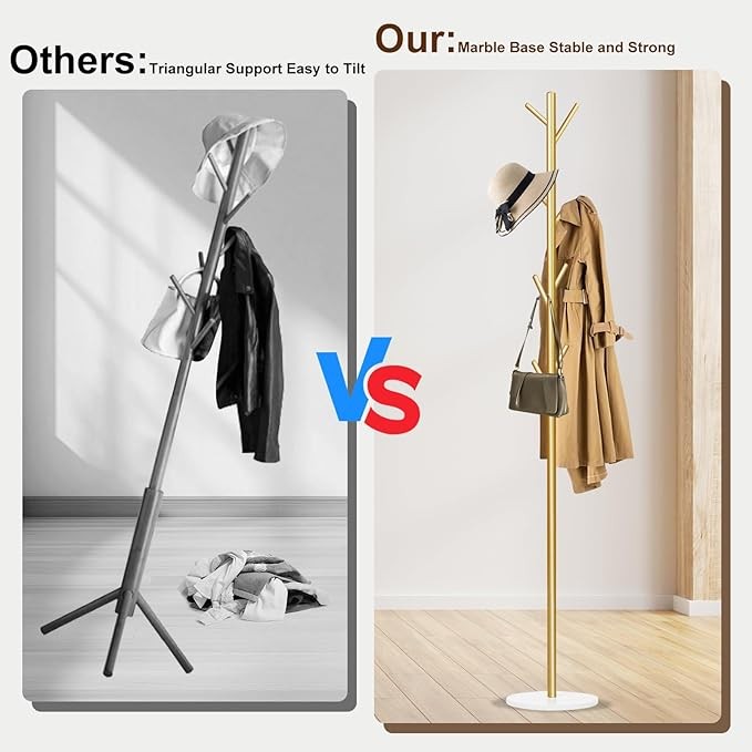 Gold Metal Coat Rack 8 Hooks with Marble Base Freestanding Hall Stand