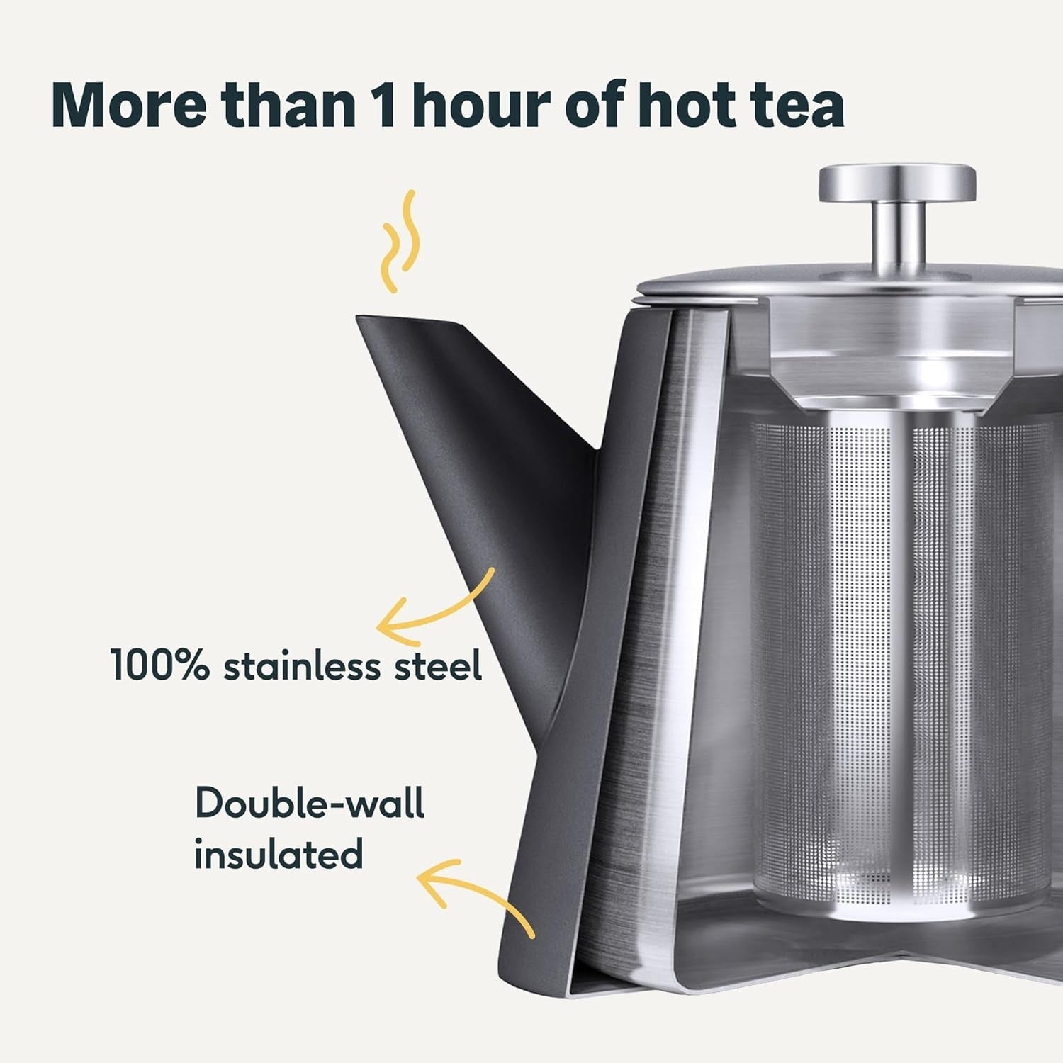 Black Stainless Steel Teapot 1L Double Wall Insulated w/ Tea Strainer