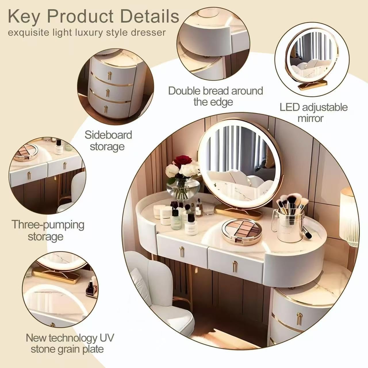 Makeup Vanity Desk 3-Color LED Mirror Marble Top Dressing Table 4 Drawers Wood